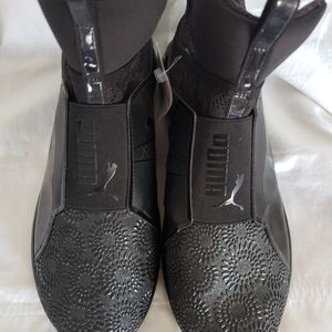 PUMA black fierce slip on, metallic core running sneakers.